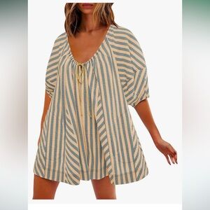 Casual Striped Puff Short Sleeve Romper